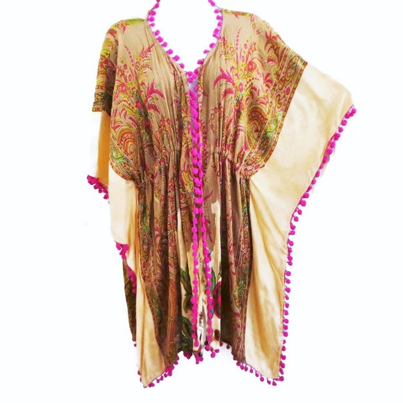 Velzera Other - NEW Floral Kimono Rayon Tie Waist Pink Pom Pom Trim Velzera Flexible Sizing